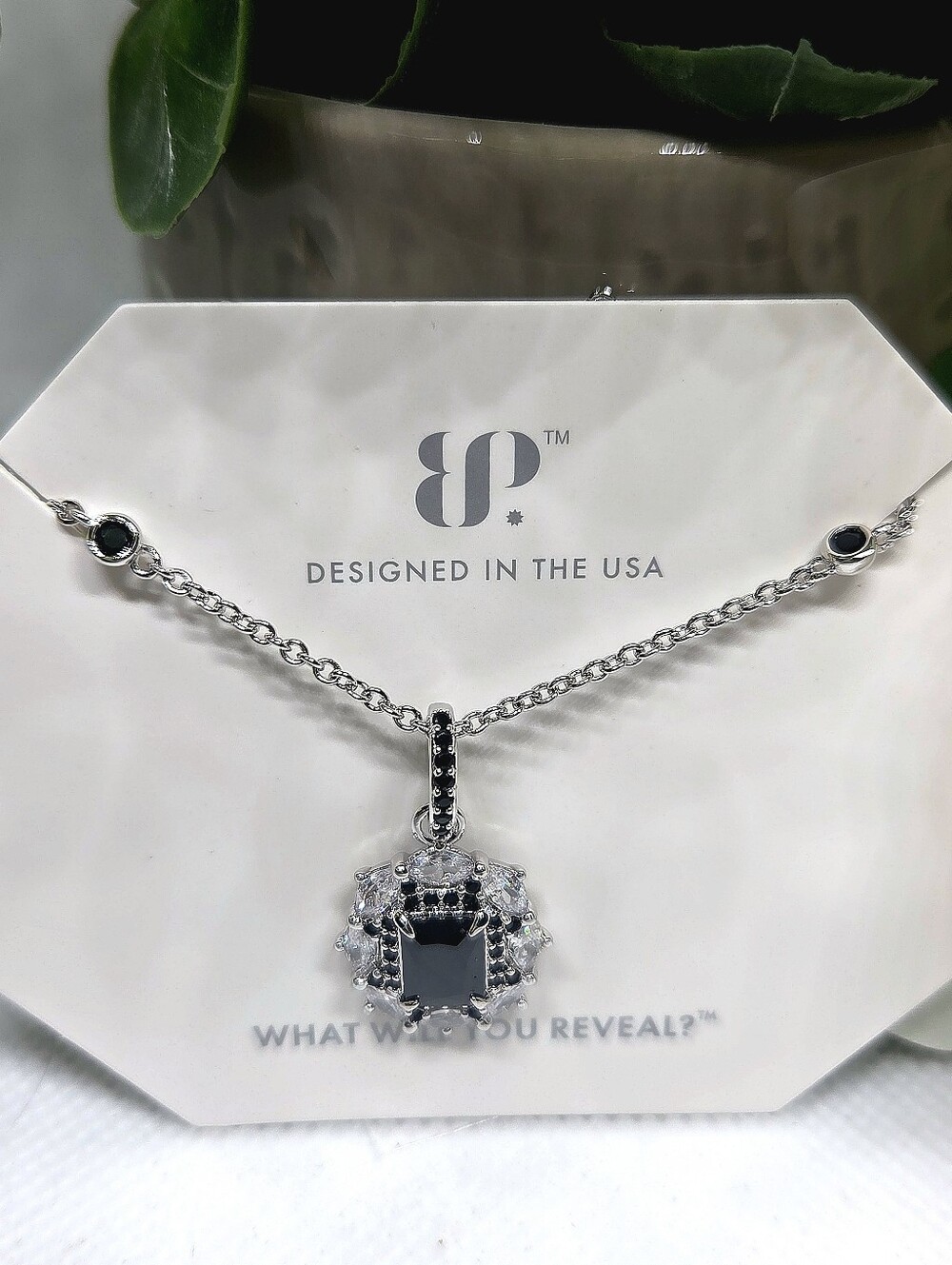 BP Black Oxyx Silver Crystal Halo Pendant Necklace On Rhodium Plating